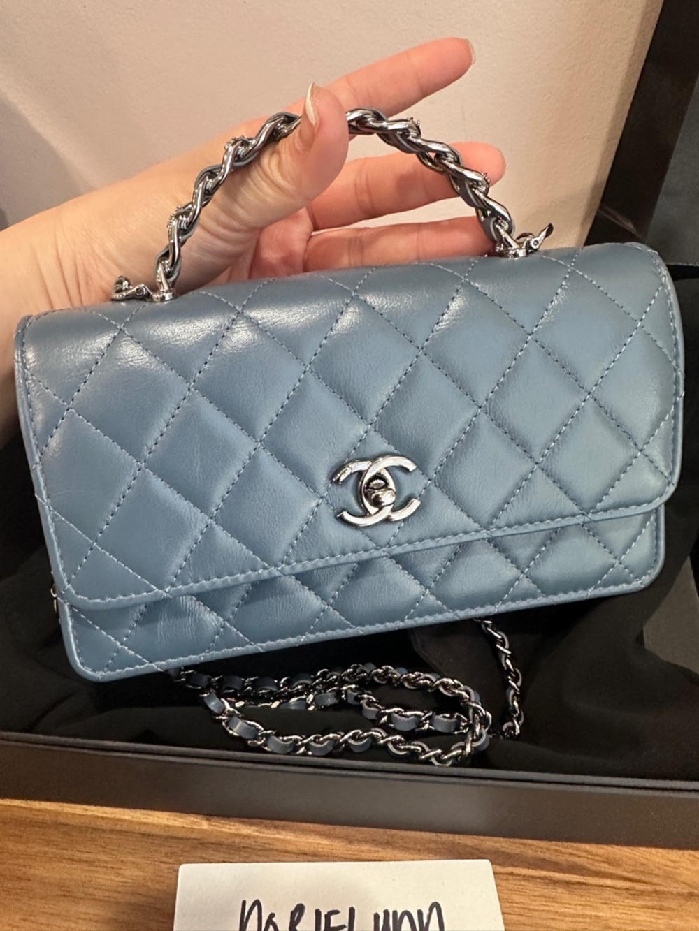 CHANEL TOP HANDLE WALLET ON CHAIN in Slate Blue with Silver Hardware